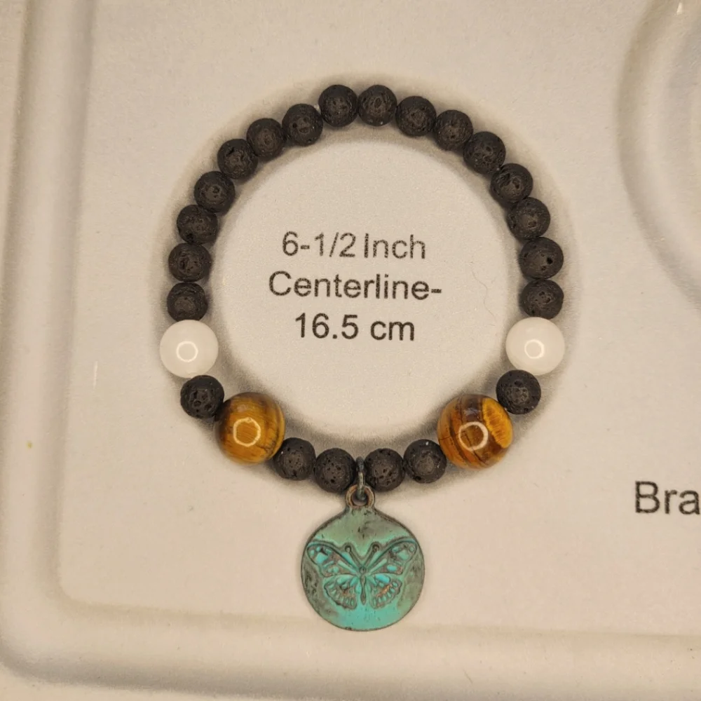 🖤3/$50 Rose Quartz and Tiger's Eye Stone Lava Bead Butterfly Bracelet - Picture 6 of 6